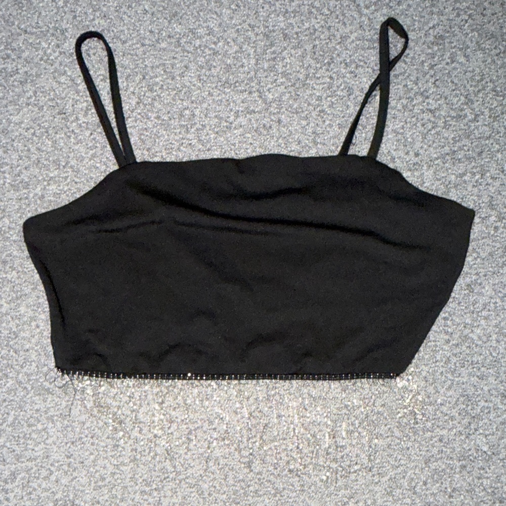 Black Spaghetti Strap Crop Top with dangly Rhinestone Trim
